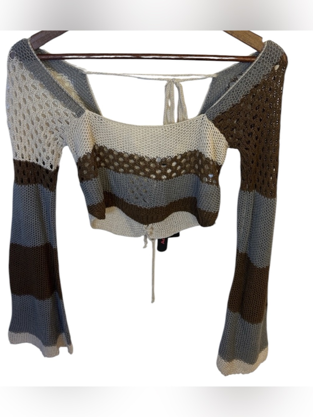 ROMWE Crochet Knit Crop Top Bell Sleeve Tie Back Boho Grunge Festival Sweater